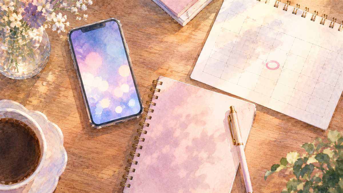 木製のテーブルにスマートフォンと手帳とカレンダーが並ぶ、水彩調のイメージイラスト