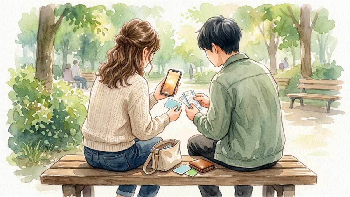公園のベンチで2人がスマートフォンとチケットを見せ合う後ろ姿の水彩イメージイラスト