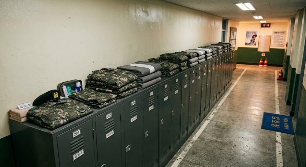 新兵4：サボタージュのあらすじイメージ。韓国軍の兵舎の廊下に整然と並んだロッカーと畳まれた迷彩服