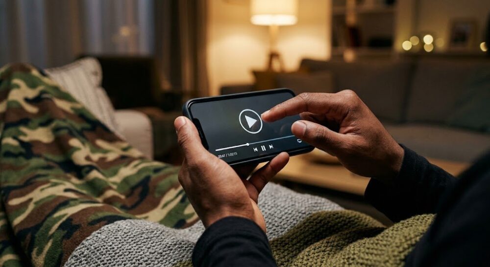 新兵4：サボタージュをスマホで配信視聴するイメージ。夜のリラックスした部屋でスマートフォンの再生ボタンをタップする手元