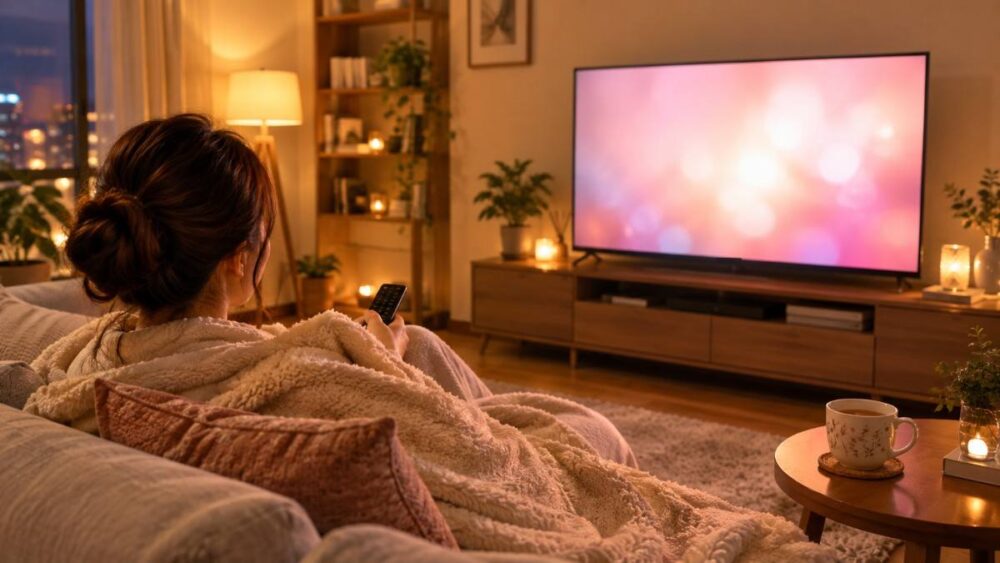 夜のリビングでブランケットにくるまりテレビを見る女性のイメージ