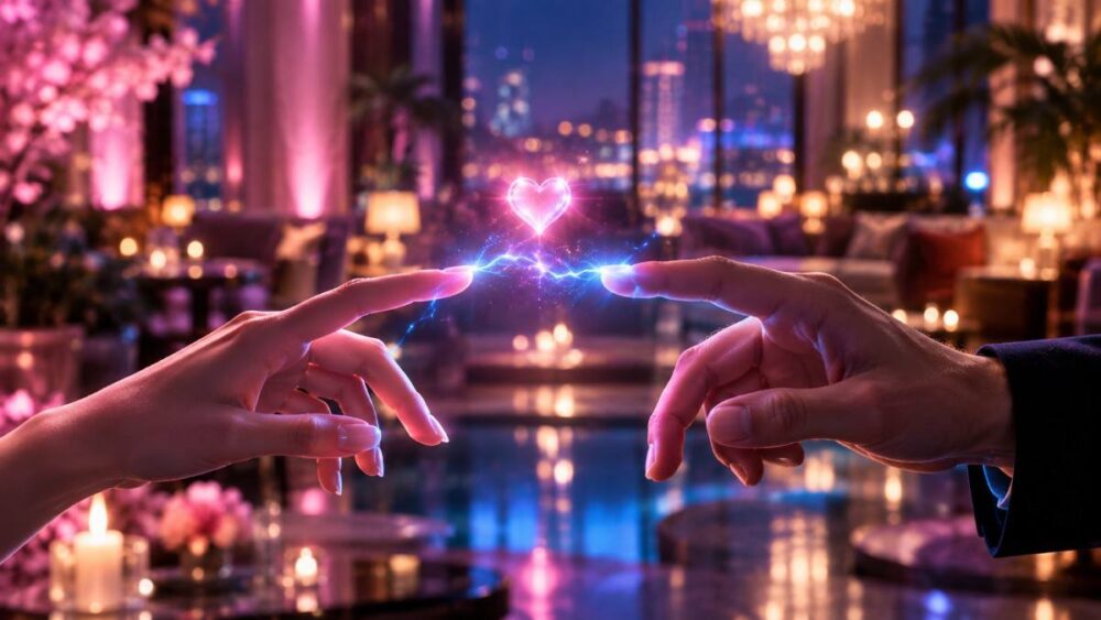指先の間にはじける電気の火花とハート形の光のイメージ