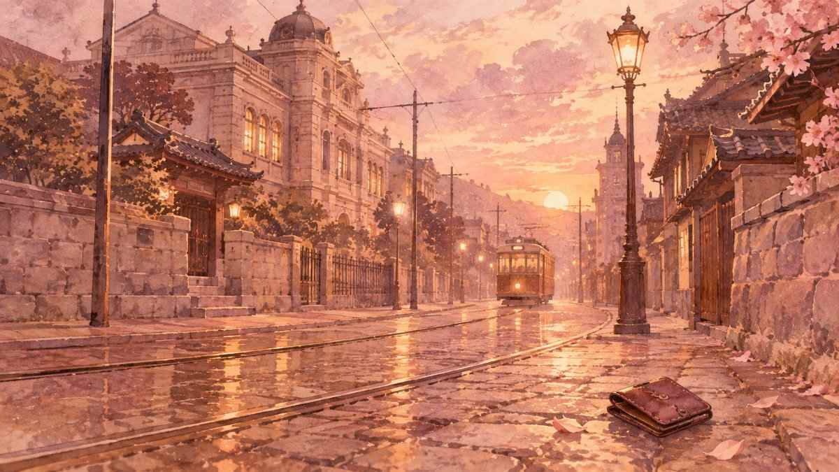 夕暮れの1932年の京城を思わせる石畳の路地に、路面電車とガス灯、落ちた革の財布が描かれた水彩イラスト