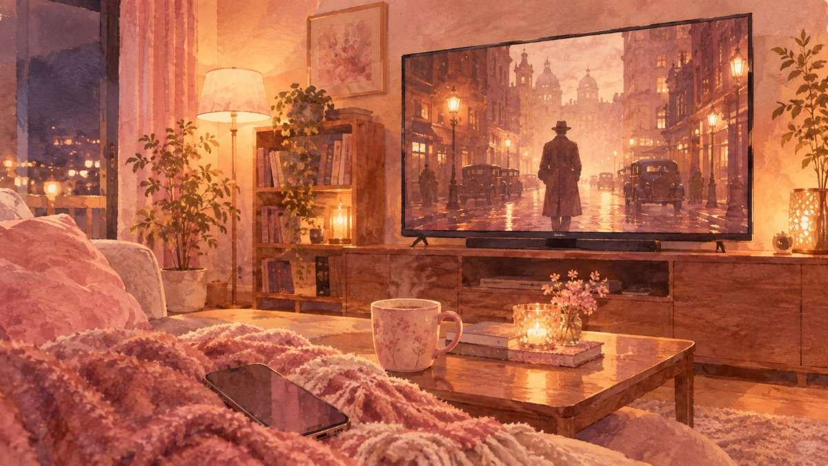 夜のリビングの大型テレビに、1930年代の街並みを歩く後ろ姿のドラマ映像が映る水彩イラスト