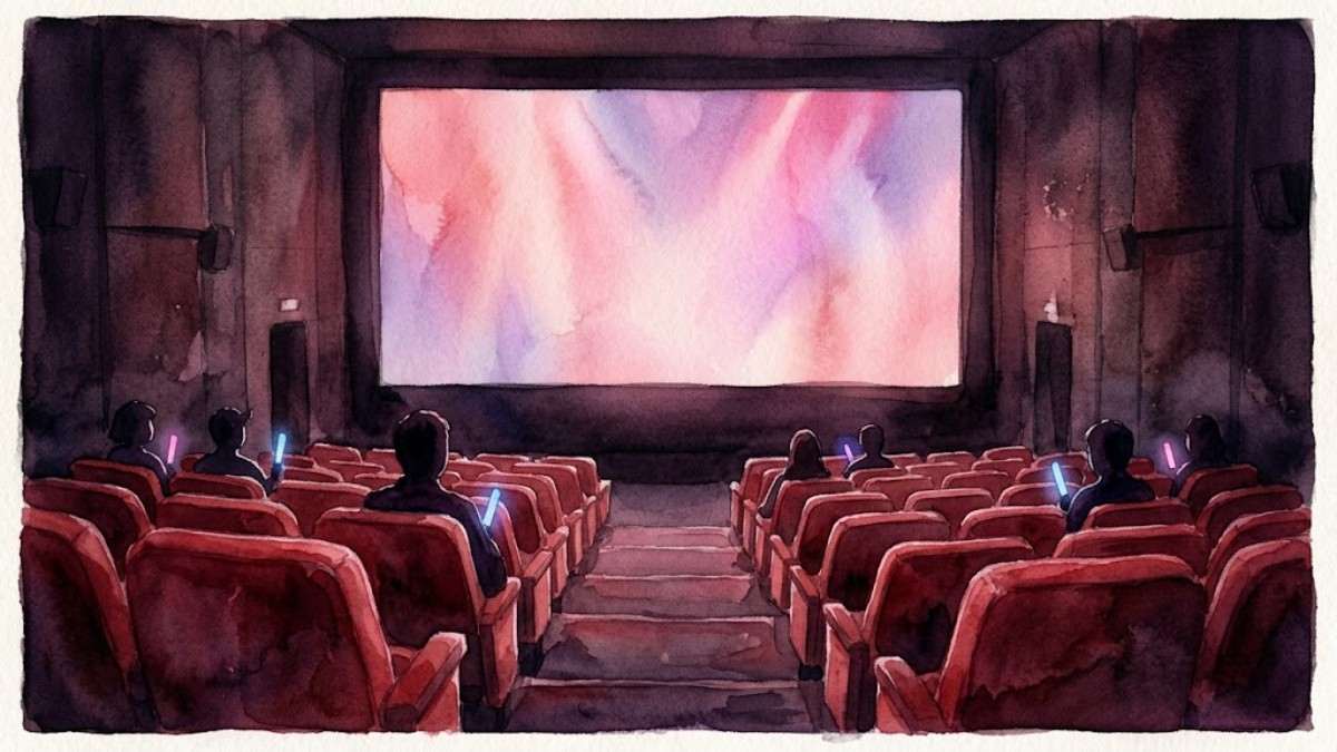 映画館の客席から大きなスクリーンに映るピンク色のステージ照明を見つめる観客たちのイメージ画像