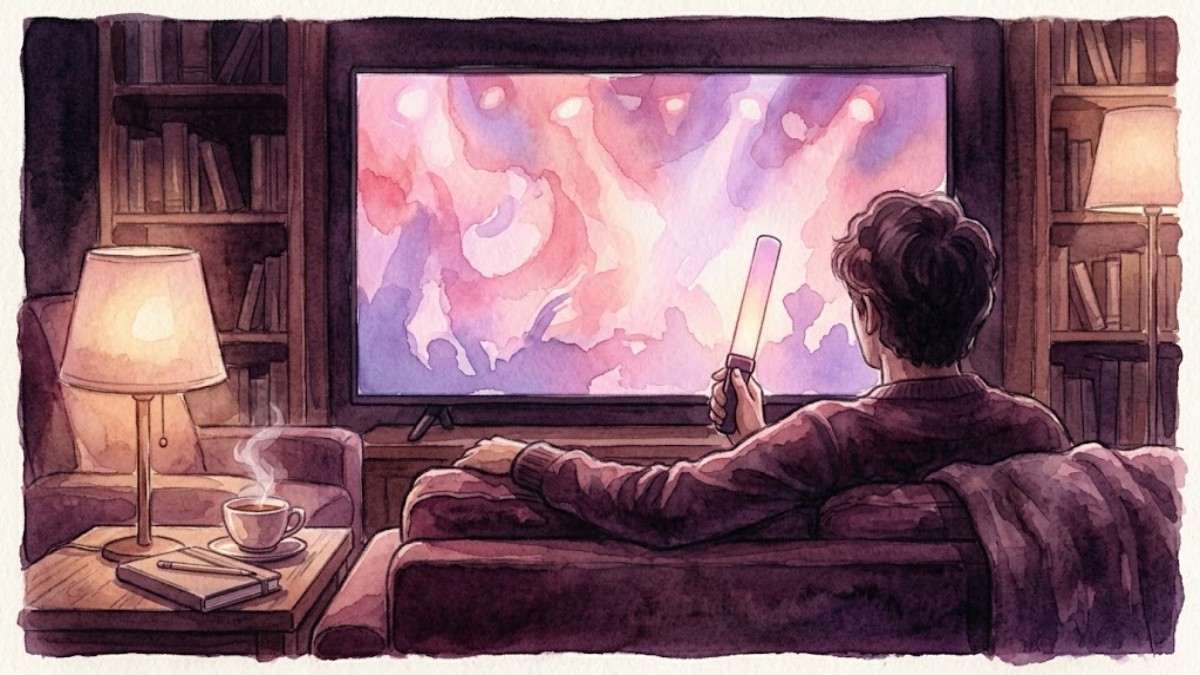 夜のリビングでソファに座りテレビのライブ映像を見る人の後ろ姿のイメージ画像