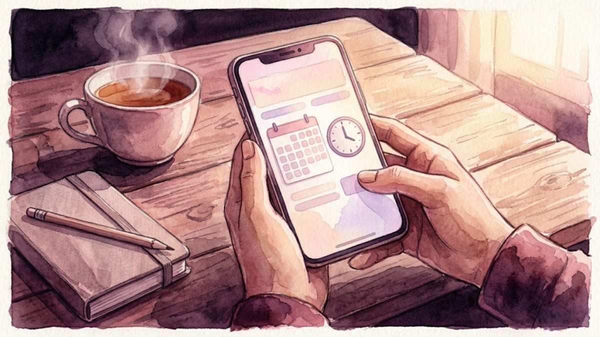 木のテーブルでスマートフォンを持ちチケットを申し込む手元と紅茶のイメージ画像
