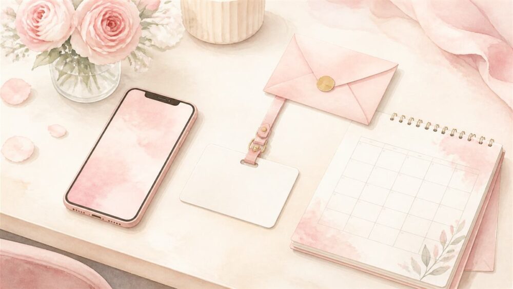 スマートフォンと身分証、封筒、カレンダーが並ぶ水彩イラスト