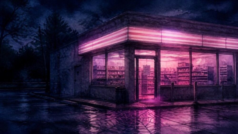 『クルアルバ』をNetflixで視聴するイメージ。夜の住宅街にぽつんと光るコンビニの水彩イラスト