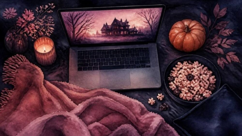 ハロウィンの週末にノートパソコンでドラマを見る、毛布とかぼちゃとお菓子の水彩イラスト