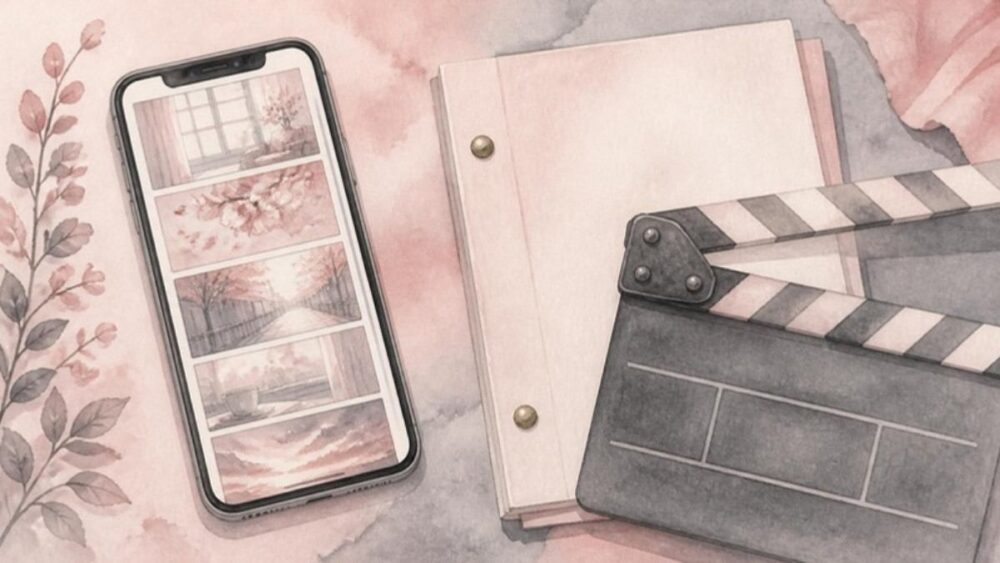 『親愛なるX』の原作ウェブトゥーンのイメージ。スマートフォンのマンガ画面と台本とクラッパーボードの水彩イラスト