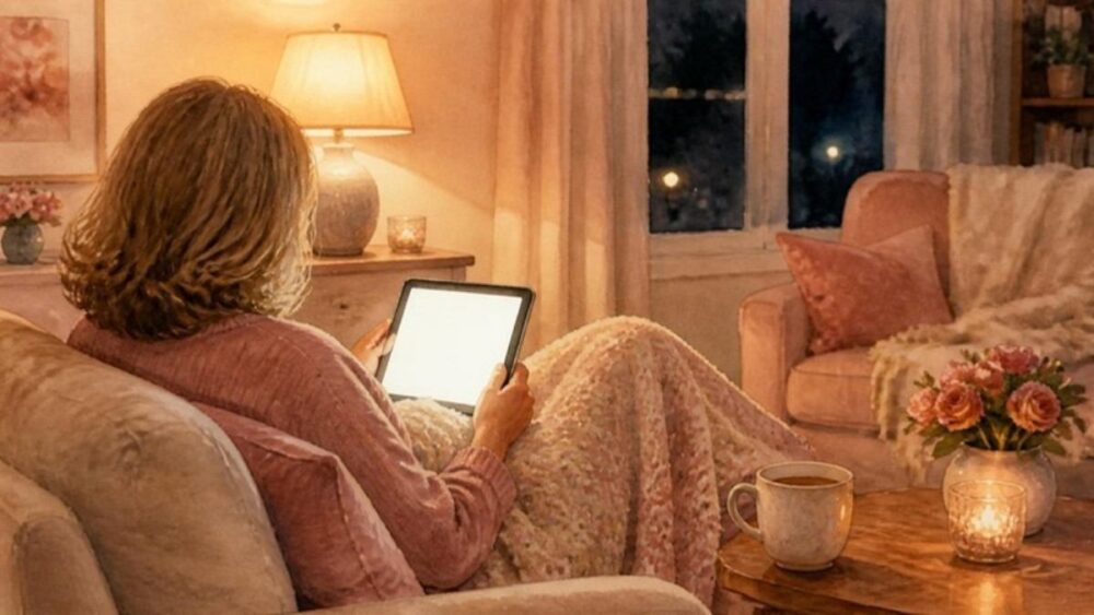 リビングでタブレットを見ながらくつろぐ女性のイメージ