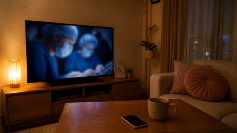 夜のリビングで韓国ドラマを見るテレビとスマホのイメージ(イメージ画像)