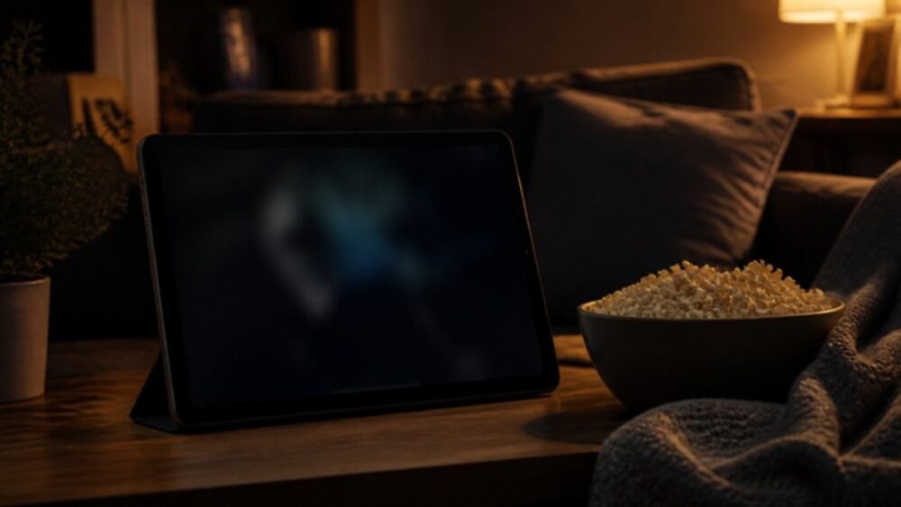 週末の夜にタブレットで韓国ドラマを見る準備のイメージ(イメージ画像)