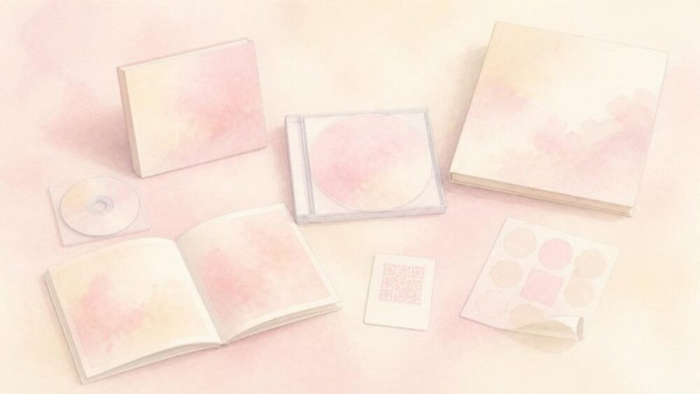形態の違うCDアルバムが机に並ぶ水彩イラスト