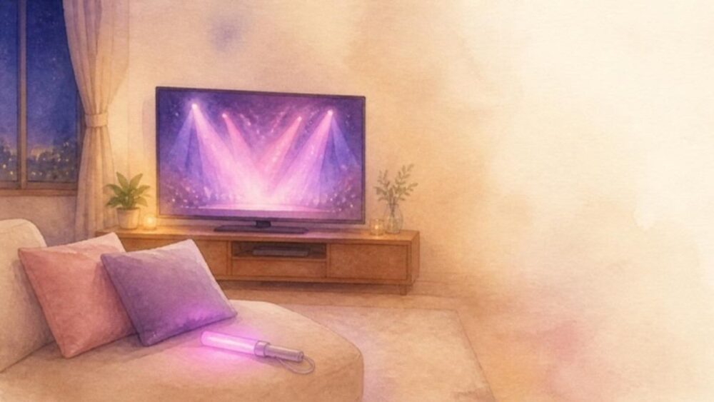 自宅のテレビで音楽番組のステージを見る水彩イラスト