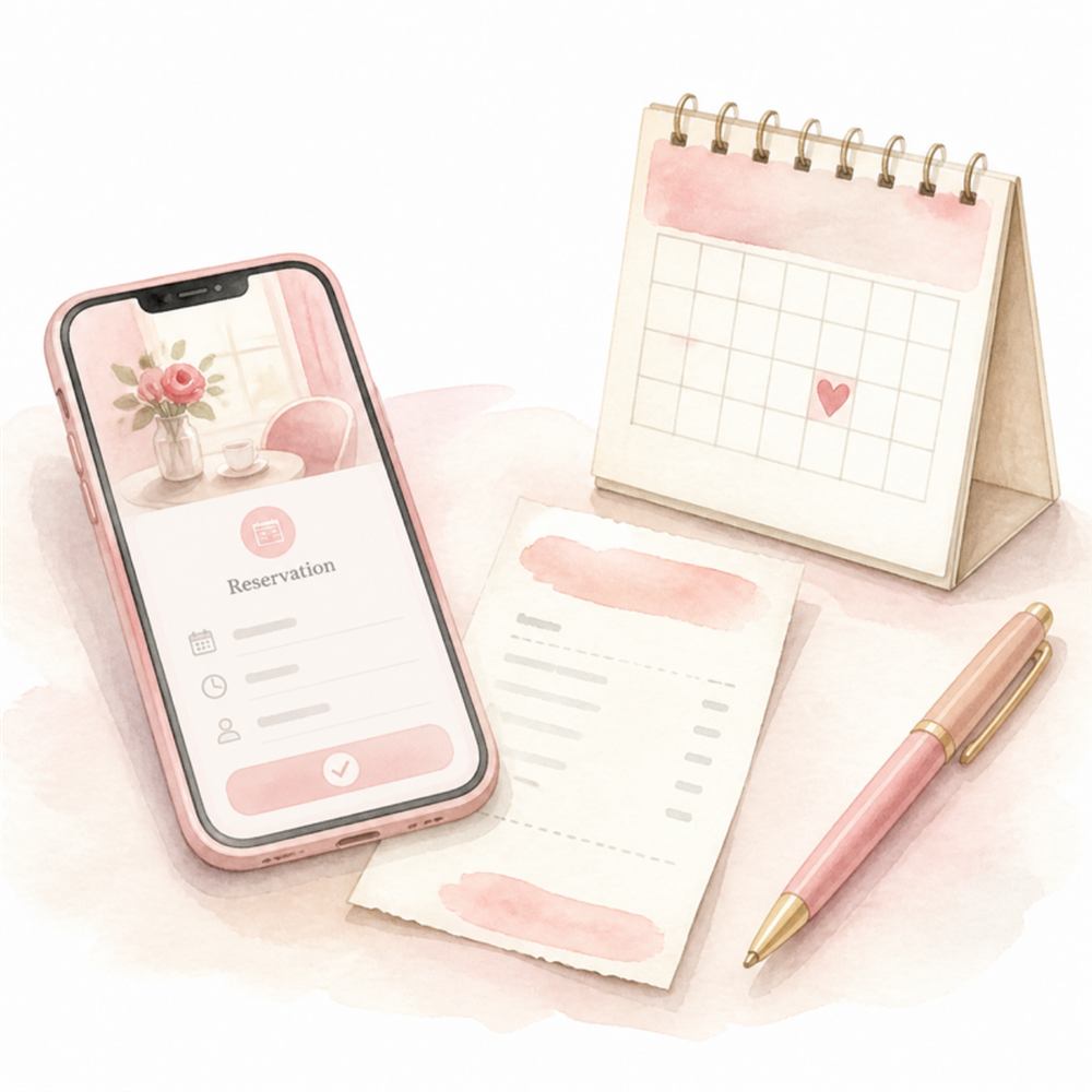 スマートフォンの予約画面とカレンダー、レシートの水彩イラスト