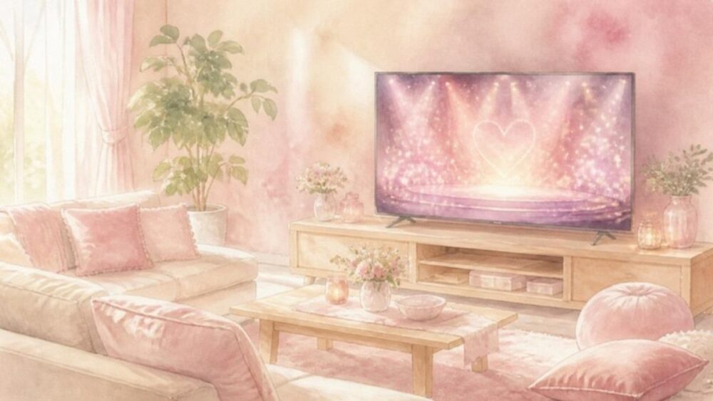 自宅のテレビでステージを見るリビングの水彩イラスト