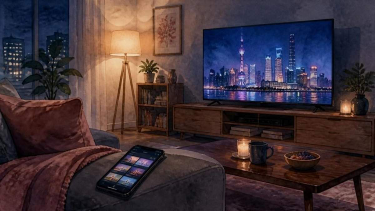 『kiDnap GAME』を見逃し配信で視聴するイメージ。夜のリビングのテレビとスマホの水彩イラスト