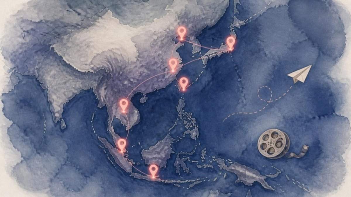 アジア7都市で同時に進む物語を表すイメージ。7つのピンを線で結んだ地図の水彩イラスト