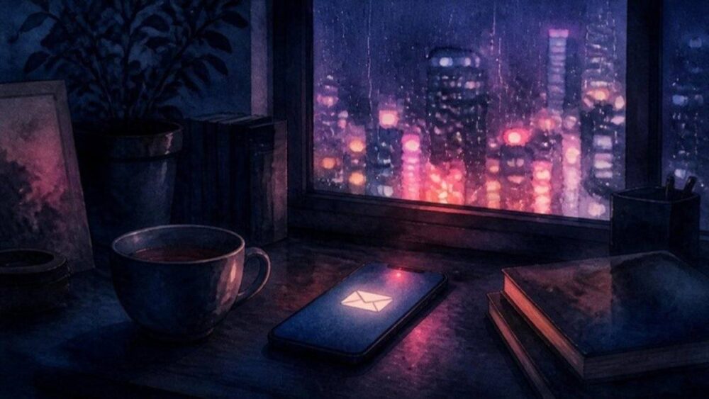 あらすじのイメージ。雨の夜のデスクで通知が光るスマートフォンの水彩イラスト