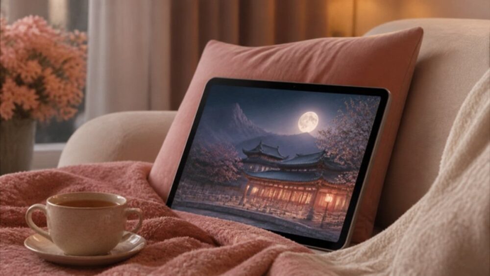 タブレットで時代劇を楽しむ夜のリビングのイメージ(イメージ画像)