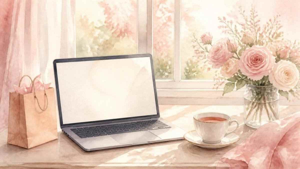 窓辺のテーブルとノートPCの水彩イメージ