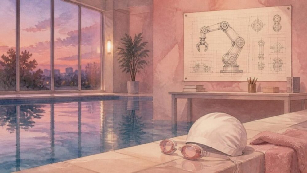 『恋愛の博士課程』のあらすじのイメージ。夕暮れの屋内プールのスイムキャップとロボットの設計図の水彩イラスト