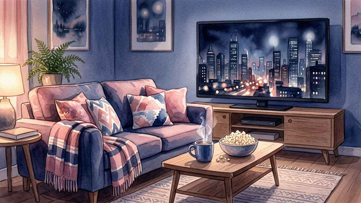 夜のリビングで大型テレビにサスペンスドラマが映る、ポップコーンとマグカップのある水彩イラスト