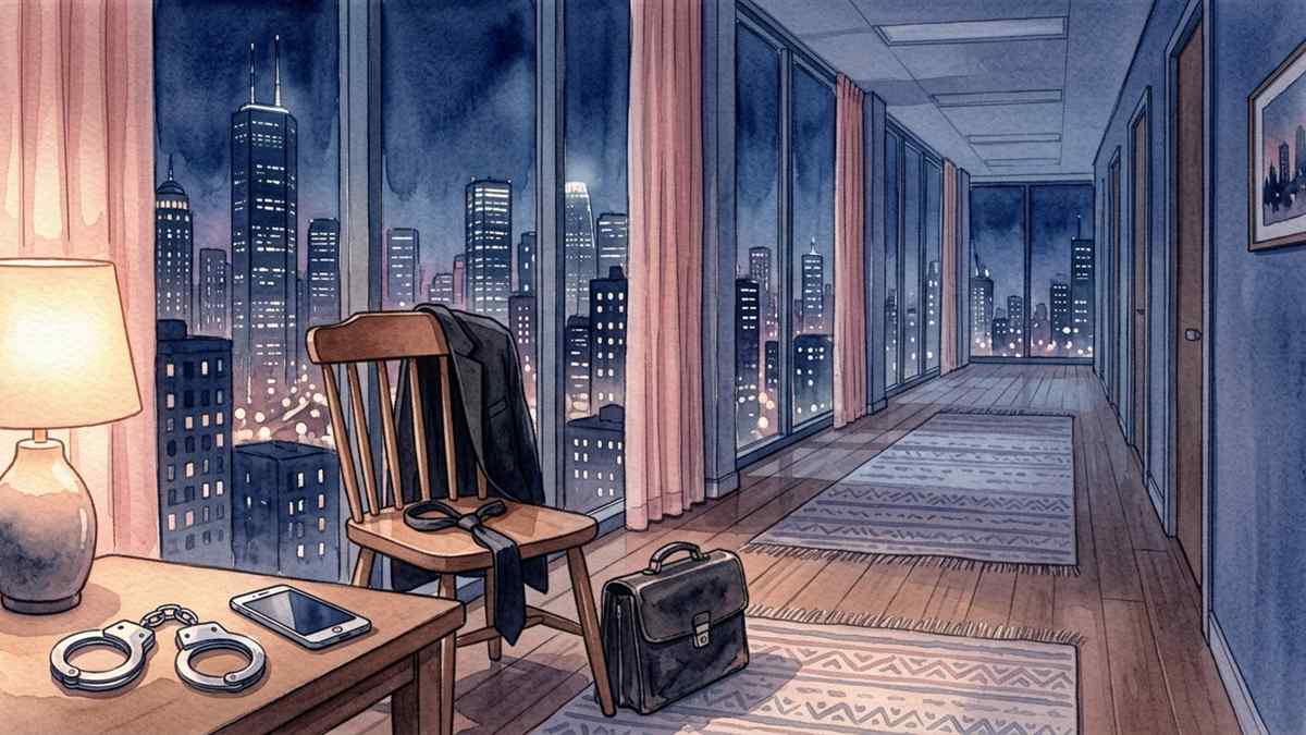 夜の高層オフィスの廊下に、椅子に掛けたスーツと手錠、スマートフォンが置かれた水彩イラスト