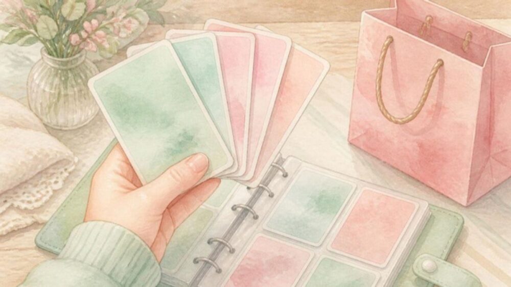トレーディングカードを手に持ちバインダーに整理する水彩イラスト