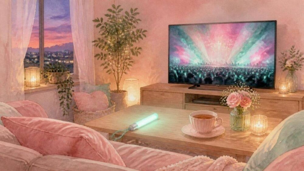 自宅のテレビで音楽番組のステージを見る水彩イラスト