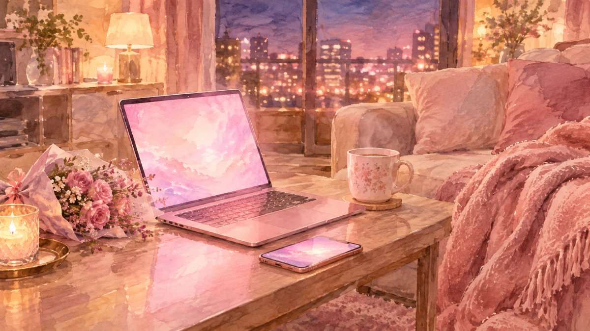 夜のリビングのテーブルに置かれたノートパソコンとスマホ、ブランケットとマグカップの水彩イラスト