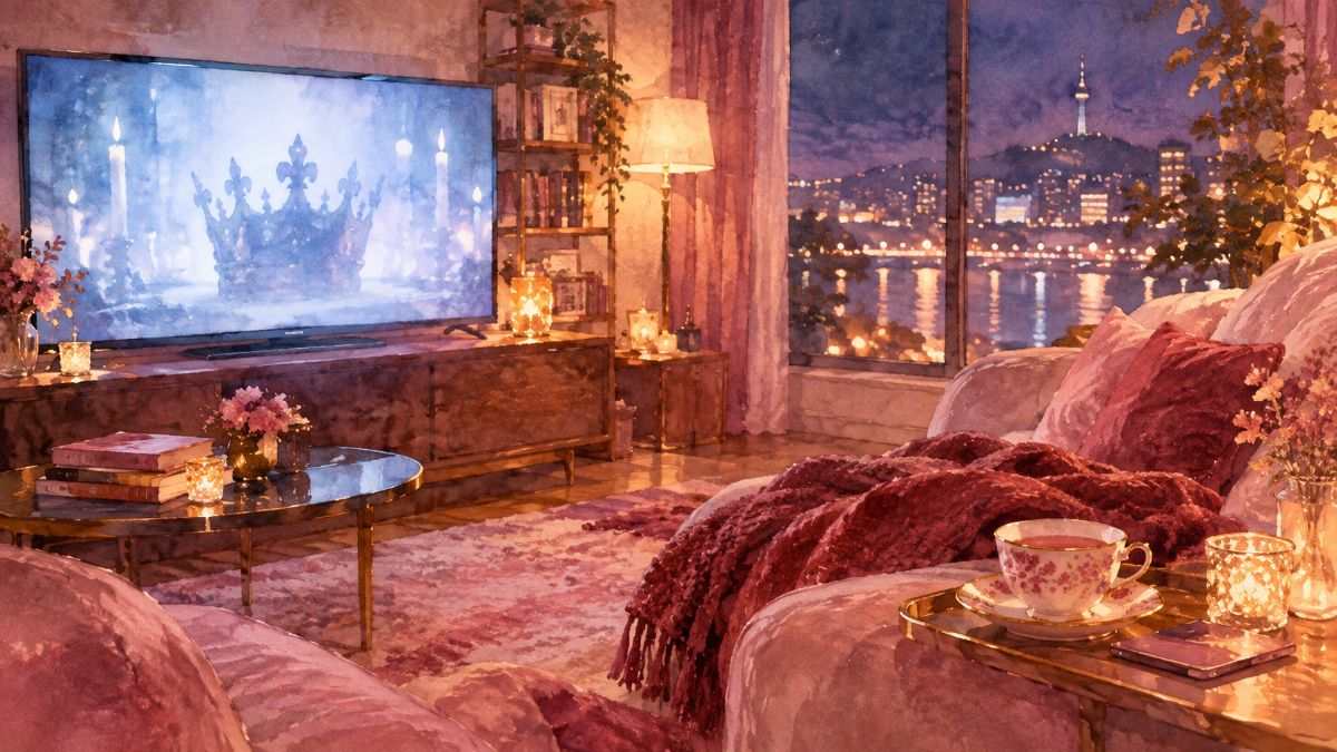 『再婚承認を要求します』をDisney+で視聴するイメージ。夜のリビングでテレビに王冠のシルエットが映る水彩イラスト