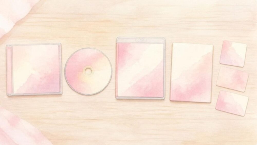 CDとBlu-rayと冊子とカードが並ぶ水彩イラスト