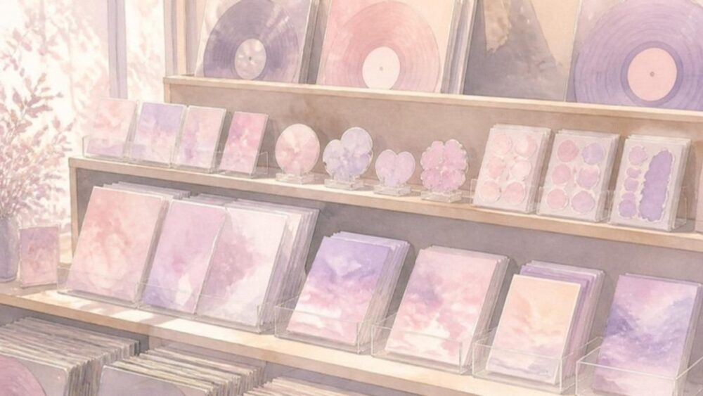 フォトカードやグッズが棚に並ぶ水彩イラスト