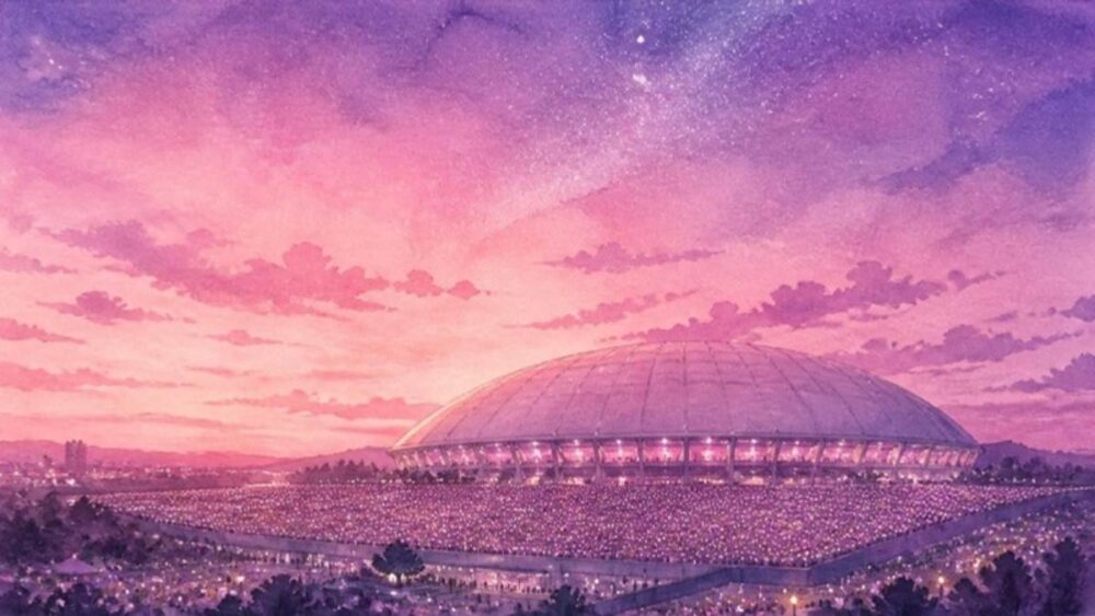 夜空のドームスタジアムの水彩イラスト
