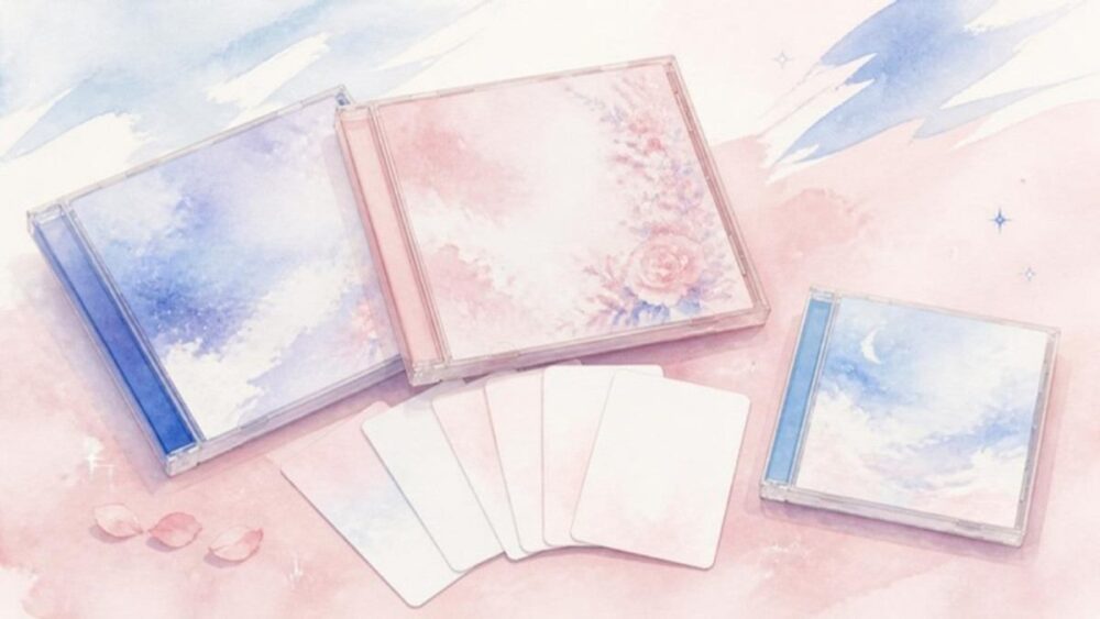 CDケースとフォトカードが並ぶ水彩イラスト