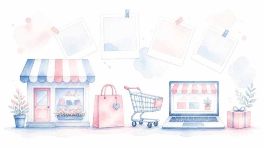 お店とショッピングバッグが並ぶ水彩イラスト